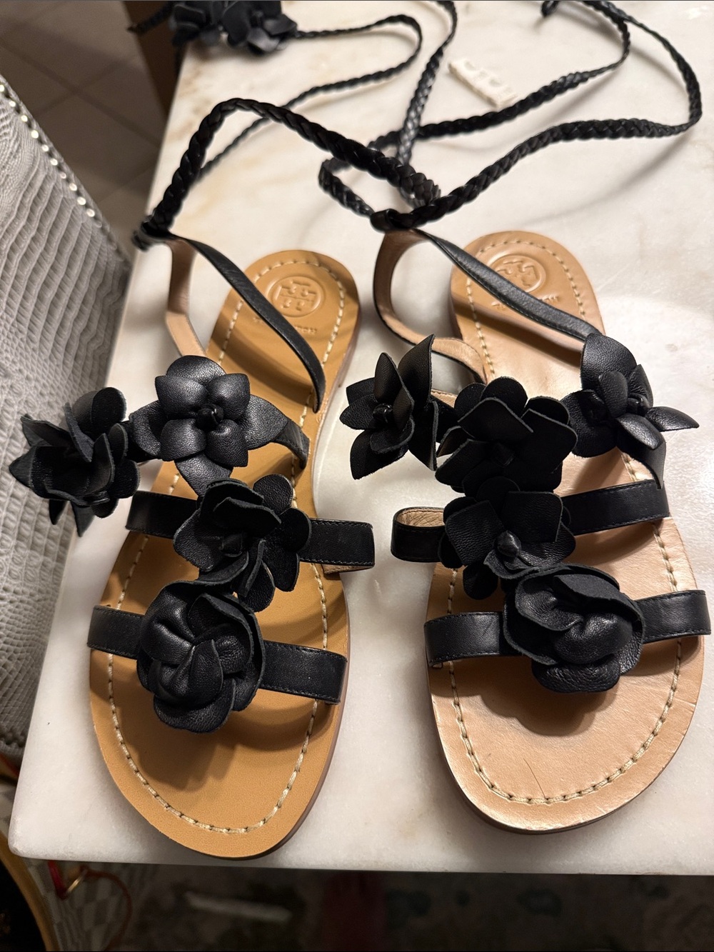 Tory Burch Black Floral Lace-Up Women's Sandals - Picture 2 of 6